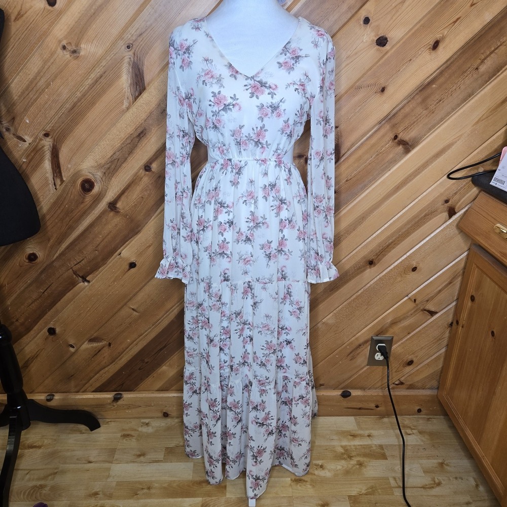 She + Sky Maxi Floral Cut Out Long Sleeve Flowy Boho Prairie Dress Sz Small